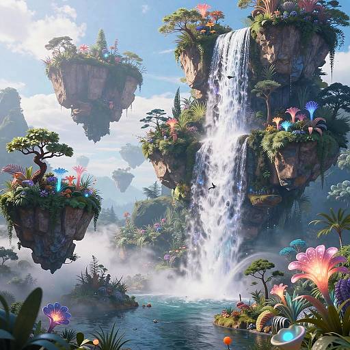 Vibrant digital fantasy landscape with floating islands, towering waterfall, colorful exotic flowers, lush greenery, and a bright blue sky.