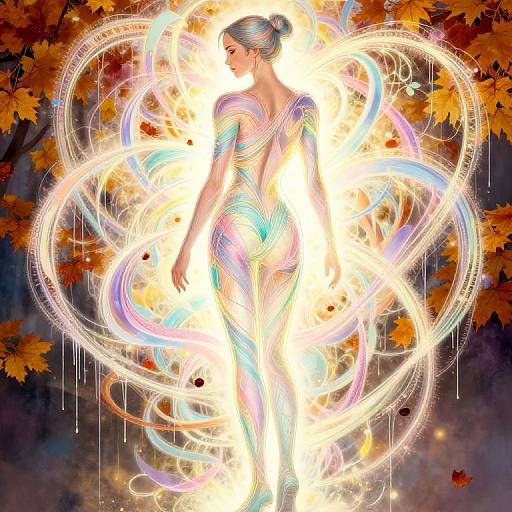 Digital art of a glowing, ethereal woman with silver hair in a bun, surrounded by vibrant, swirling multicolored lights and autumn leaves.