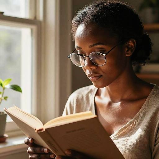 Photograph of a dark-skinned woman with curly hair, wearing glasses and a beige sweater, reading a book in sunlight by a window.