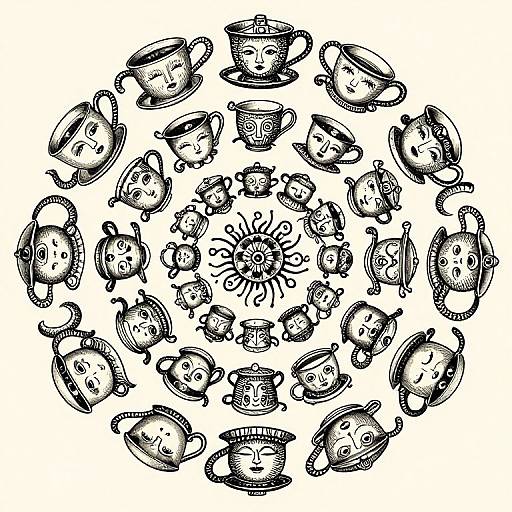 Black-and-white ink drawing of whimsical, cartoon-style teacups and teapots with various playful faces and a central spider, arranged in a
