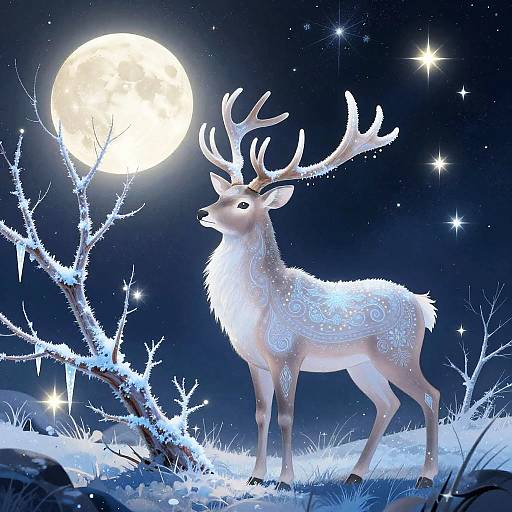Digital artwork of a glowing white deer with intricate blue patterns, standing under a bright full moon in a snowy, starry night forest. Snow-covered branches