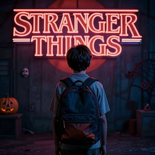 Photograph of a boy with a backpack, facing a neon 