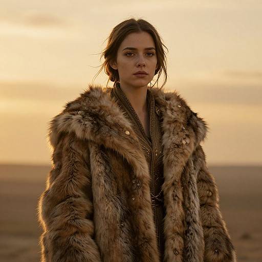 Photograph of a serious woman with dark hair in a fur coat against a sunset-lit, desert background. She wears gold earrings and a brown necklace