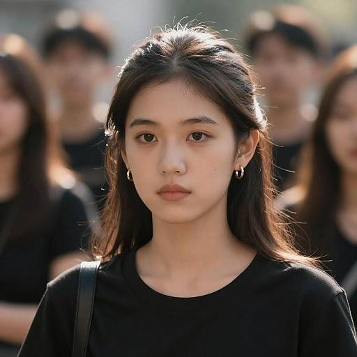 Photograph of a young Asian woman with long black hair, wearing a black top, gold earrings, and a black shoulder bag, standing in a blurred
