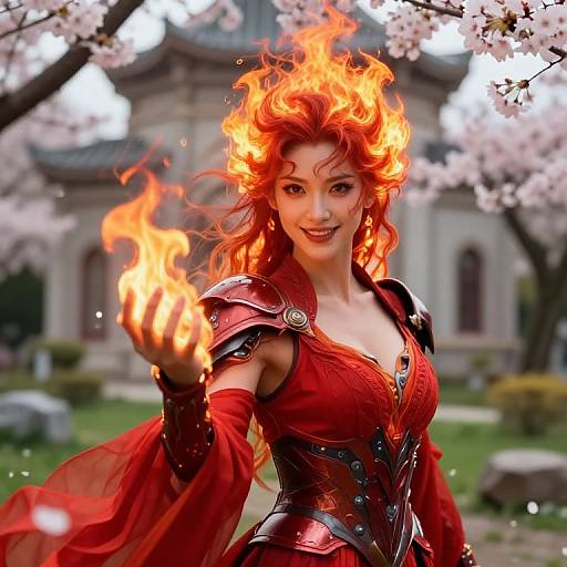 Fire Goddess in Cherry Blossom Garden