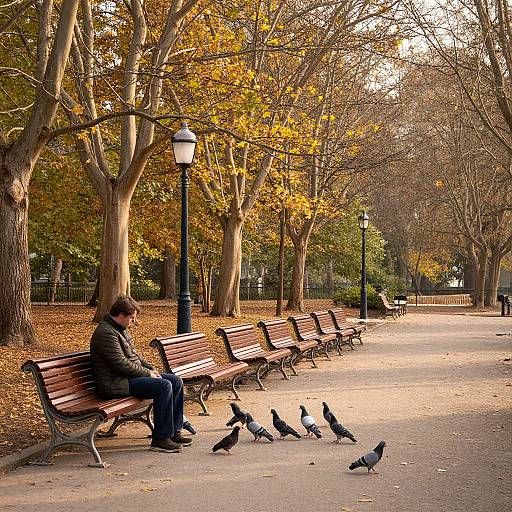 Photograph of an autumn park with a man in a black jacket sitting on a bench, feeding pigeons, surrounded by yellow-leaved trees and wooden