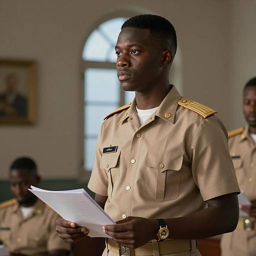 Young Soldier in Dimly Lit Room
