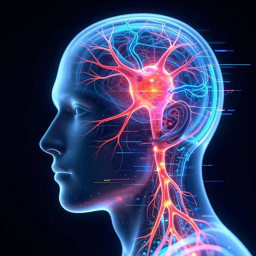 Neon-lit, digital illustration of a human head in profile, highlighting vibrant red and blue neural pathways against a black background.