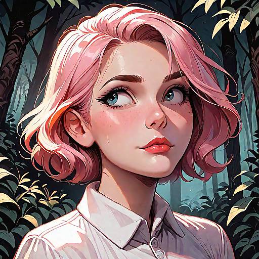 Digital art of a pink-haired woman with blue eyes, red lips, and freckles, wearing a white shirt, in a dark, lush forest