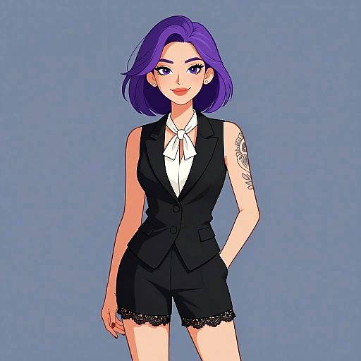 Digital anime-style drawing of a confident woman with purple hair, wearing a black sleeveless suit, white blouse, and lace-trimmed shorts. She