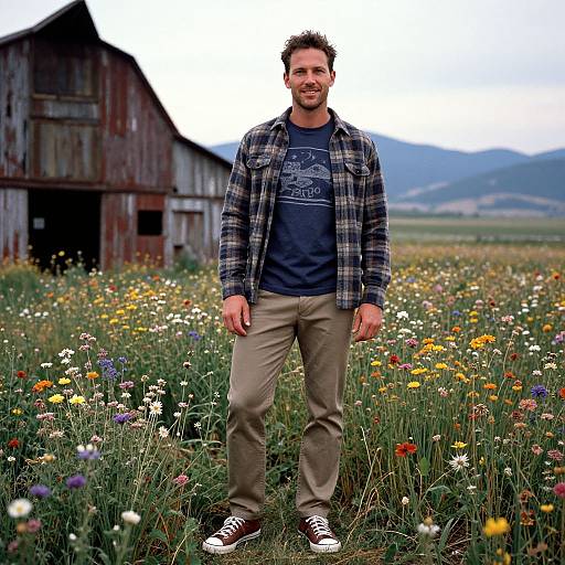 Photograph of a smiling man with short dark hair, wearing a plaid shirt, blue graphic tee, khaki pants, and black sneakers, standing