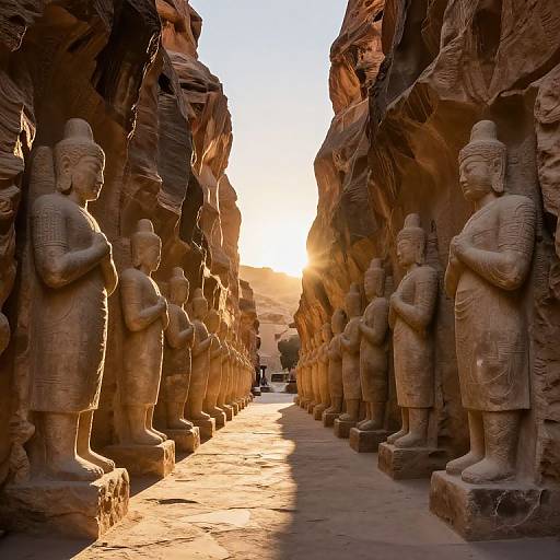 Photograph of a sunlit canyon lined with tall, ancient stone statues of robed figures, casting long shadows, with a bright sunset in the background