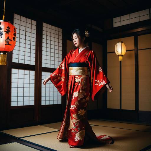 Japanese Woman in Red Kimono in Traditional Tatami Room