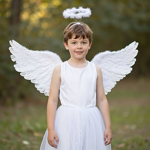 Photograph of a young boy with brown hair, wearing a white angel costume with wings and halo, standing outdoors in a grassy, forested area