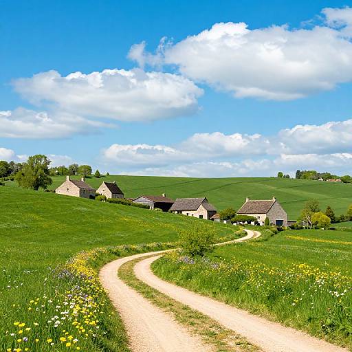 Photograph of a picturesque countryside scene with a winding dirt path, quaint white and brown cottages, lush green fields, wildflowers, and a bright