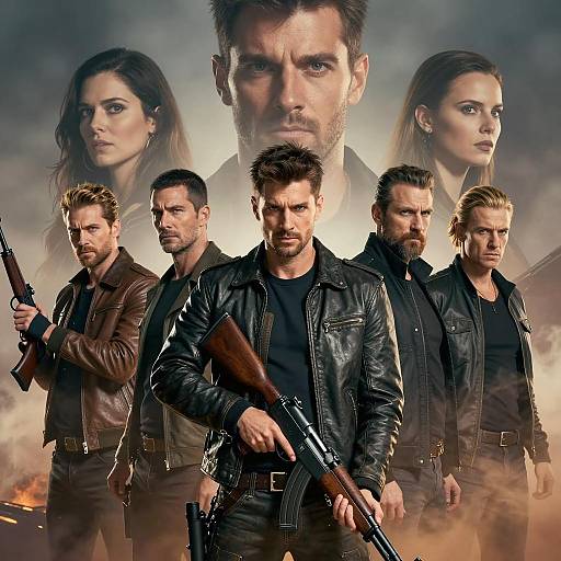 Dramatic Group Portrait with Rifles in Smoke