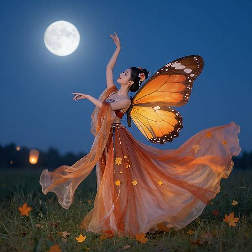 Photograph of a fair-skinned woman with orange butterfly wings, wearing a flowing orange dress, dancing under a full moon in a field of flowers at