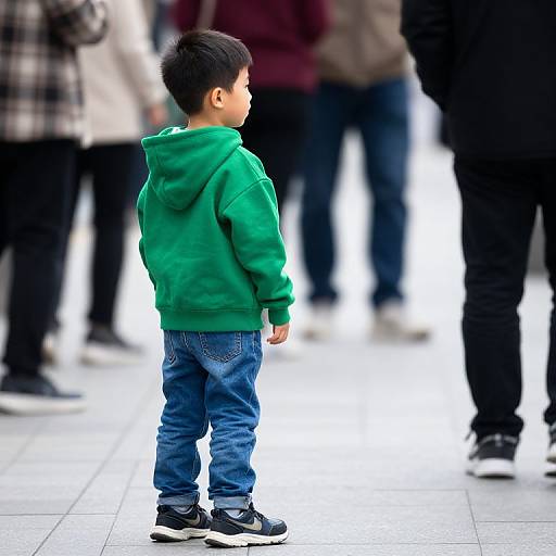 Photograph of a young Asian boy in a green hoodie and blue jeans, standing in a busy urban area, with blurred adults in the background.