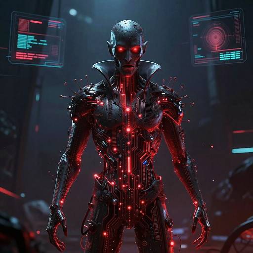 CGI cybernetic humanoid with glowing red eyes, illuminated circuitry, and high-tech armor in a dark, futuristic lab with holographic screens.