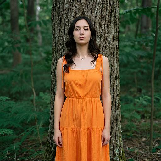 Photograph of a young woman with long dark hair, fair skin, wearing an orange sleeveless dress, standing against a tree in a dense forest.