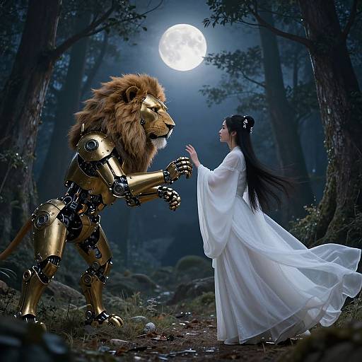 Digital art: Medieval forest moonlit scene, cybernetic golden lion with mechanical limbs, facing ethereal Asian woman in flowing white robe, reaching out