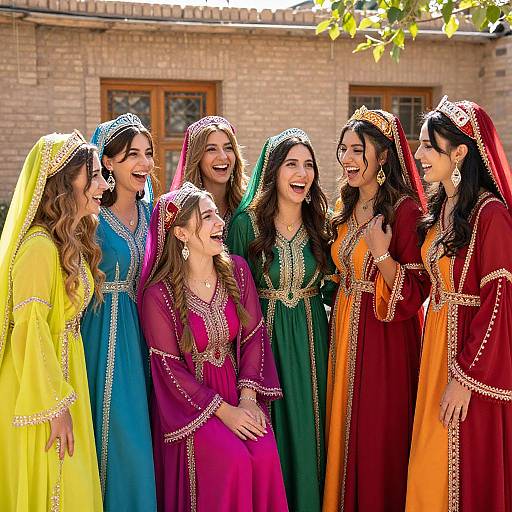 Photograph of eight smiling South Asian women in colorful traditional Punjabi kurtas and dupattas, standing outdoors against a brick wall. They wear