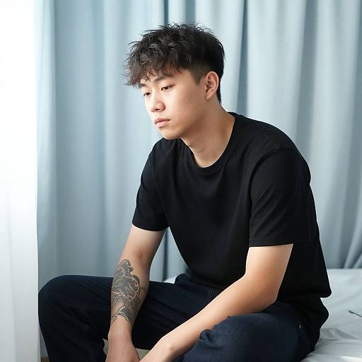 Photograph of an Asian man with short, messy black hair, wearing a black t-shirt and dark pants, sitting on a bed with light blue curtains