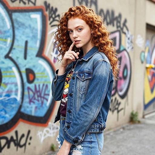 Photograph of a red-haired, fair-skinned woman with curly hair, wearing a denim jacket and distressed jeans, standing in a graffiti-covered alley,