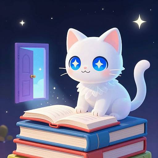 Cute, white, cartoon cat with large blue starry eyes sits on stacked books, glowing under a magical blue door in a starry night sky