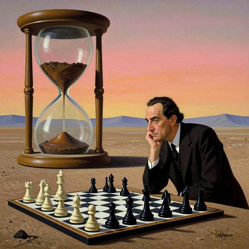 Photographic-style digital art: Serious man in black suit ponders chessboard with hourglass in desert, mountains at sunset, sky gradient from pink to