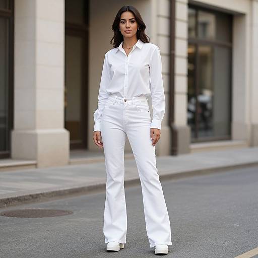 Woman in White Flare Jeans Outfit