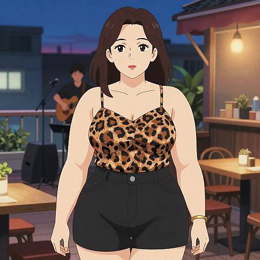 Anime-style digital illustration of a curvy woman with fair skin, brown hair, wearing a leopard-print top and black shorts, standing in a nighttime outdoor
