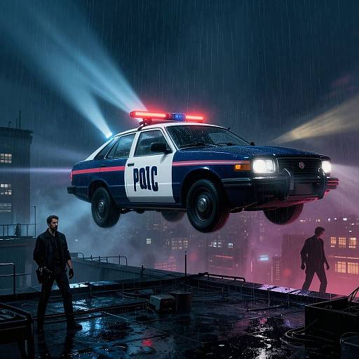Photograph of a hovering police car with flashing red lights, two officers on a rainy rooftop, neon city lights in background.