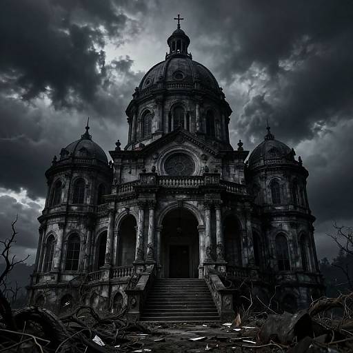 Gothic, abandoned church with dark, ominous clouds; dilapidated, with broken branches; dramatic, moody, black-and-white photograph;