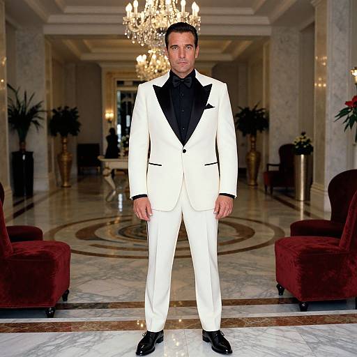 Photograph of a man in a white tuxedo with black lapels and shirt, standing in an opulent, marble-floored ballroom