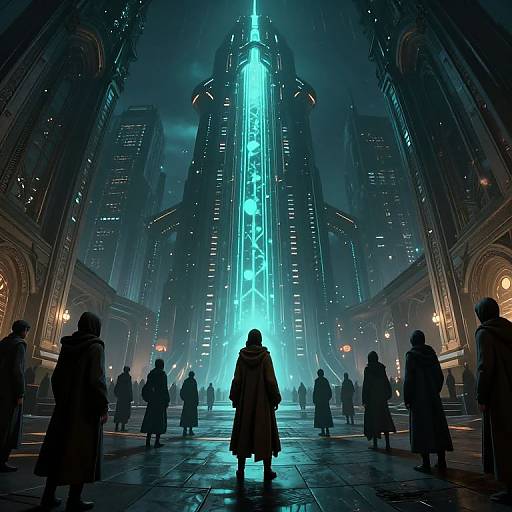 Cyberpunk Cloaked Figure at Futuristic Plaza