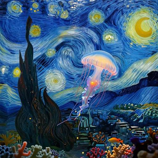 Vibrant digital art merging Van Gogh's 