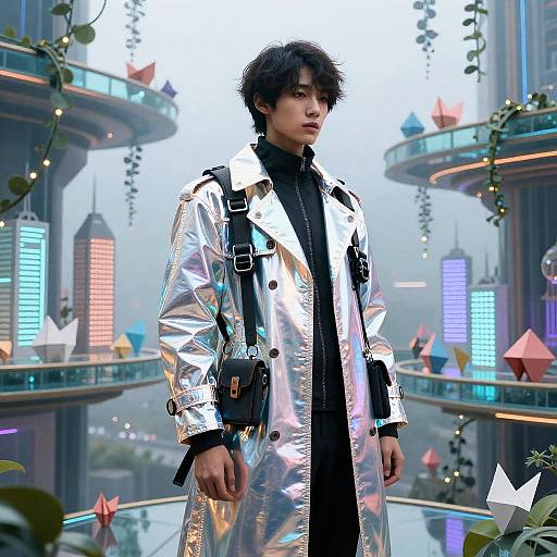 Androgynous Cyber-Architect in Neon Reflective Trench