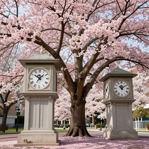 Photograph of two stone clock towers with black faces, surrounded by a blooming pink cherry blossom tree, with petals on the ground. Bright daylight,