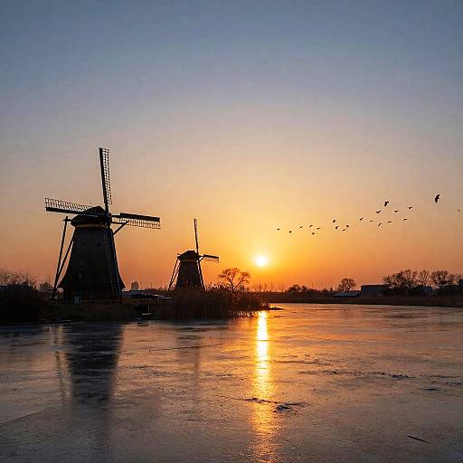 Photograph of a sunset over a frozen canal with silhouetted windmills, reflecting orange and purple sky, birds flying.