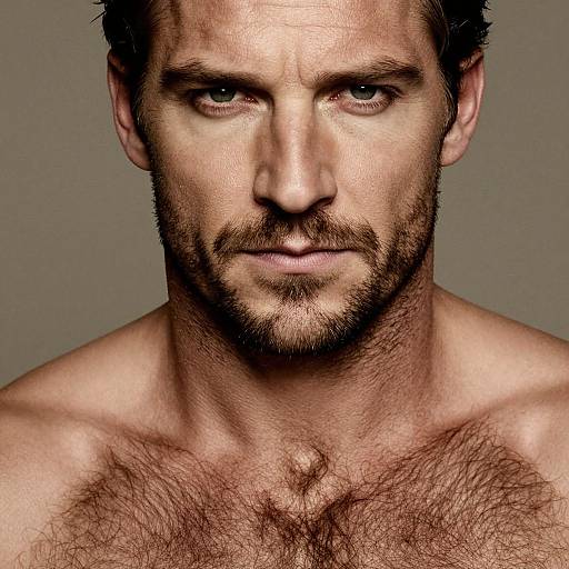 Photograph of a serious, shirtless, muscular, bearded man with light brown hair, blue eyes, and a hairy chest, against a gray