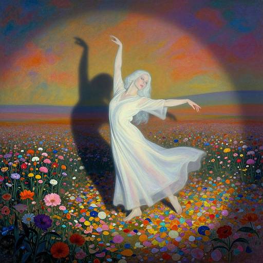 Digital painting of a white-haired woman in a flowing white dress, dancing in a colorful flower field under a vivid sunset, with a shadow cast on the