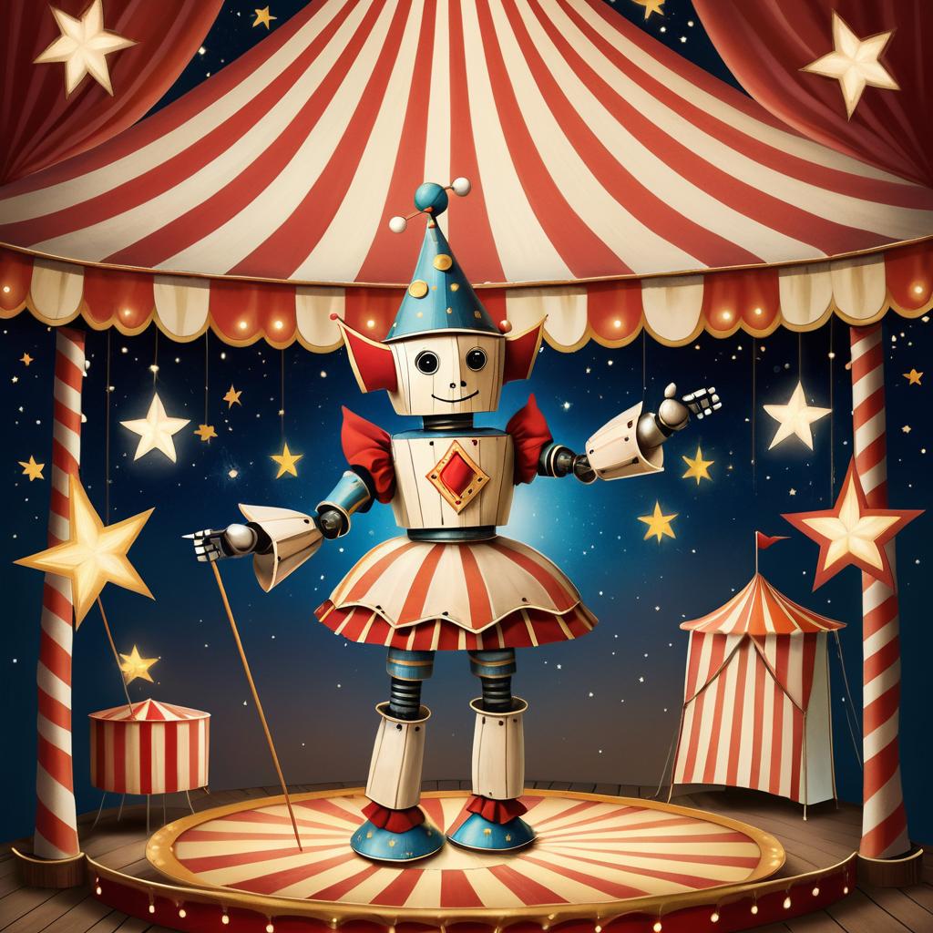 Whimsical Robot Jester in Circus Tent