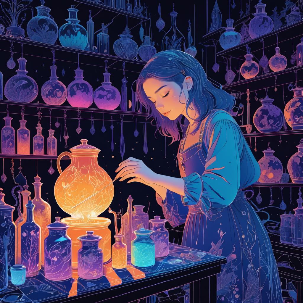 Young Witch Crafting Colorful Potions