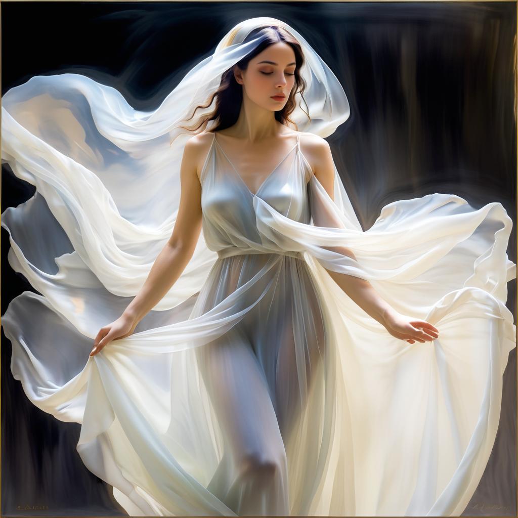 Ethereal Veiled Woman in Translucent Drapery