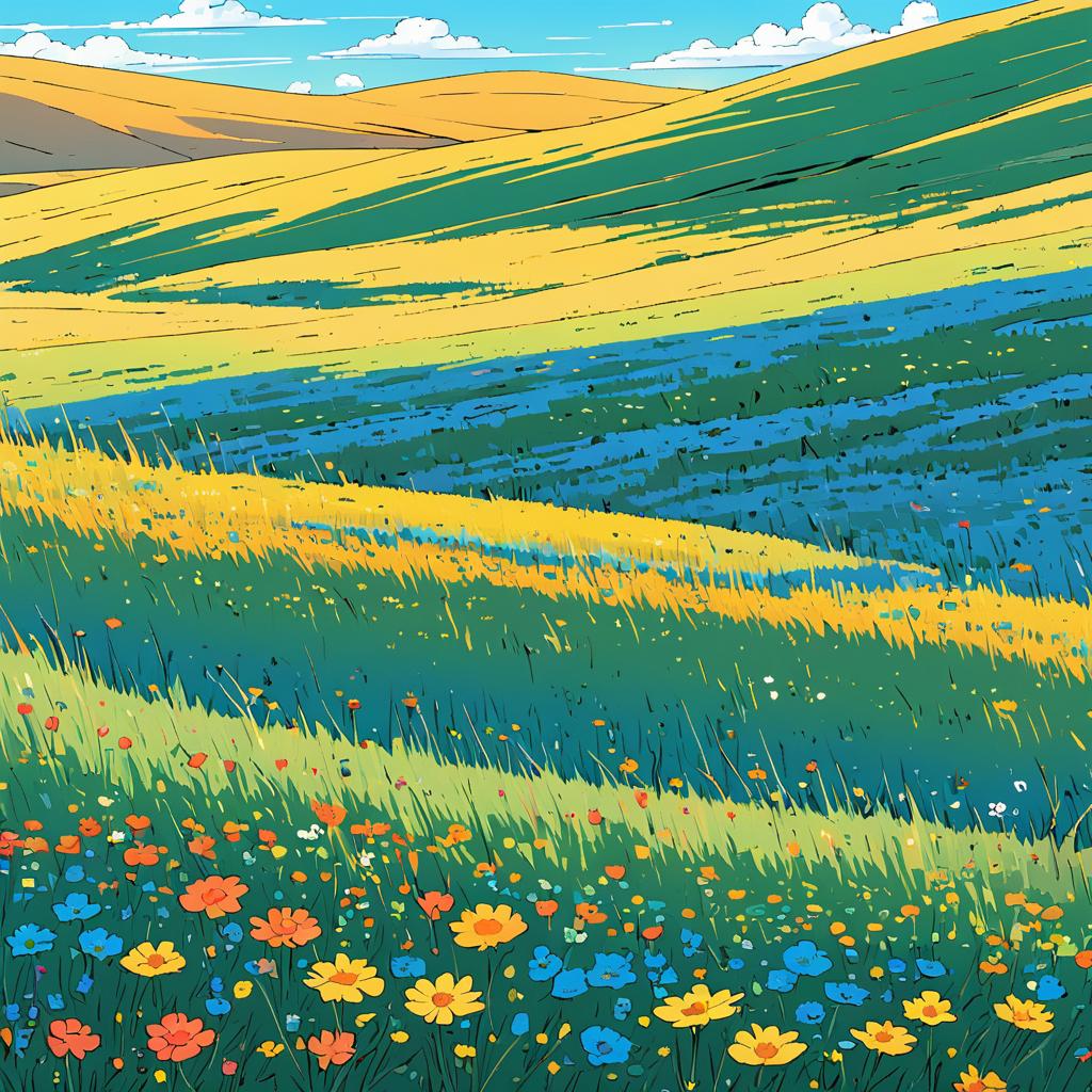 Bright Cartoon Landscape of Wind-Swept Steppe