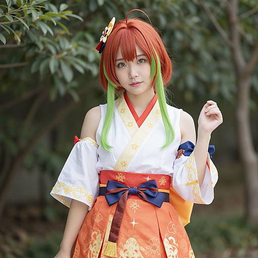 Photograph of a young woman cosplaying as a Japanese anime character with red and green hair, wearing a white and orange kimono with blue bows,