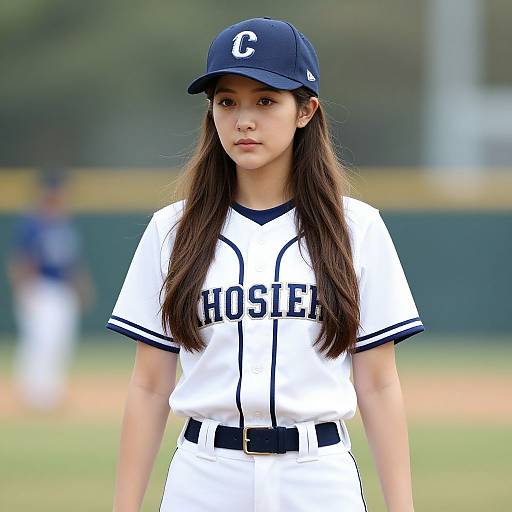 Photograph of an Asian young girl with long brown hair, wearing a white baseball uniform with 