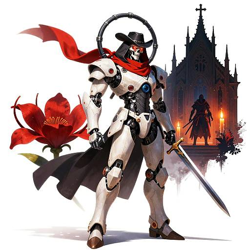 Digital artwork of a robotic cowboy in white armor, red scarf, and black hat, wielding a sword. Background: Gothic cathedral, red flowers, and