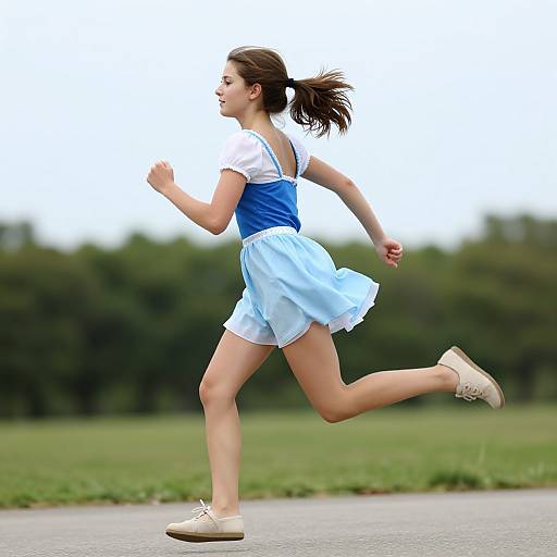 Photograph of a young woman jogging on a paved path, wearing a blue and white tennis outfit with white sneakers, against a blurred green park background.